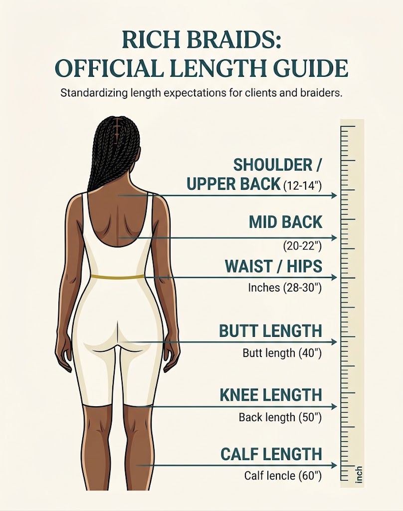 Rich Braids official length guide showing braid lengths from shoulder to calf