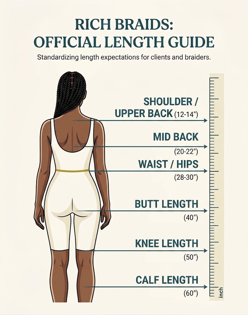 Rich Braids official length guide showing braid lengths from shoulder to calf